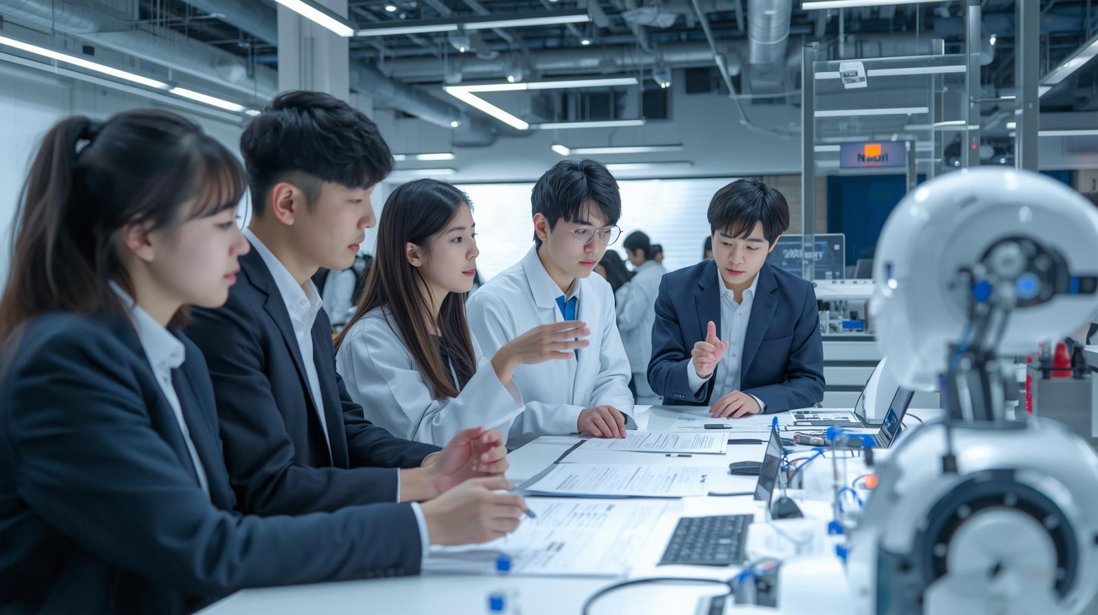 연구실, 연구기관, 공공기관에서 협동로봇 제품들을 가지고 연구, 토의하는 한국 학생들의 모습.jpg